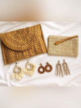 Resort - Woven Straw Clutch, straw wristlet & 3 sets earrings all neutral colors